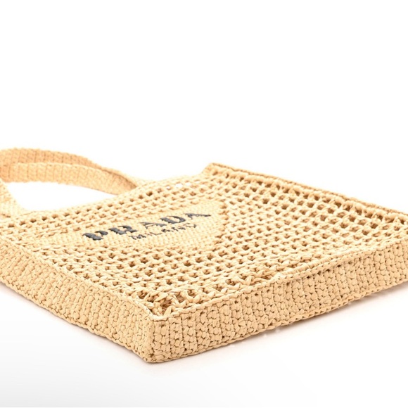 New Prada Crochet Triangle Embroidered Raffia Tote Bag - Picture 4 of 16